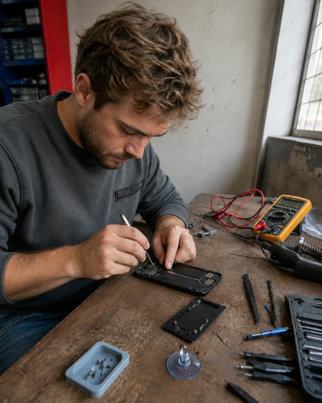 Técnico trabajando en la reparación de un celular